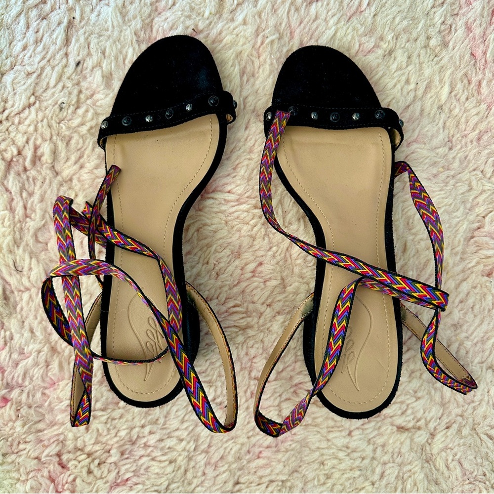 Colorful Strappy Wrap Block Heel Sandals Black Studded Sz 6